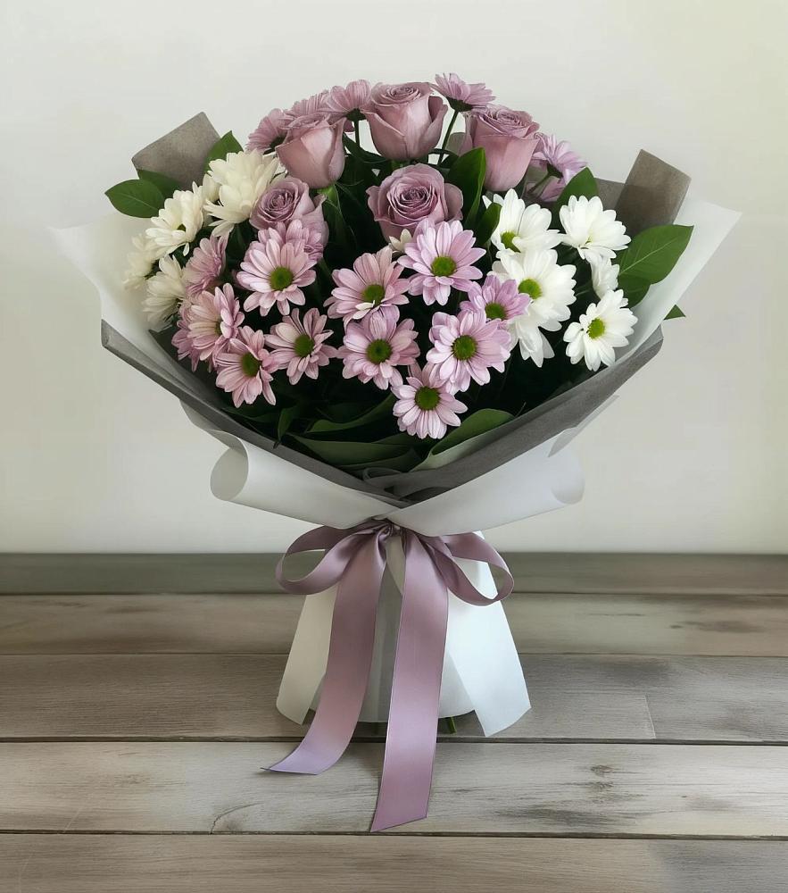 Букет цветов из: Хризантемы и Розы в Толмачёво Новосибирская область