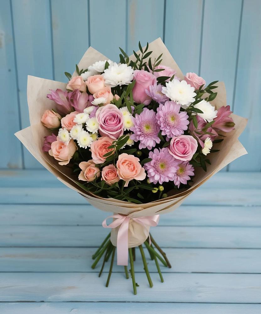 Букет цветов из: Хризантемы, Розы и Альстромерии в Толмачёво Новосибирская область