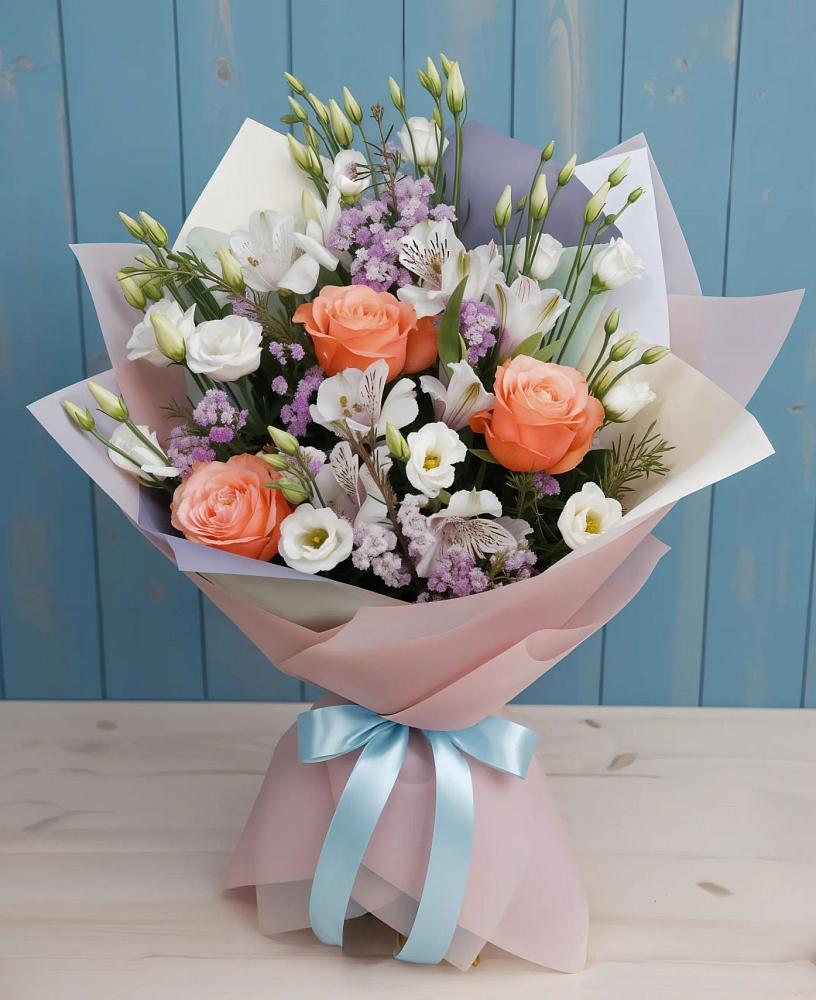 Букет цветов из: Лизиантусы, Розы, Альстромерии и Гипсофила в Толмачёво Новосибирская область