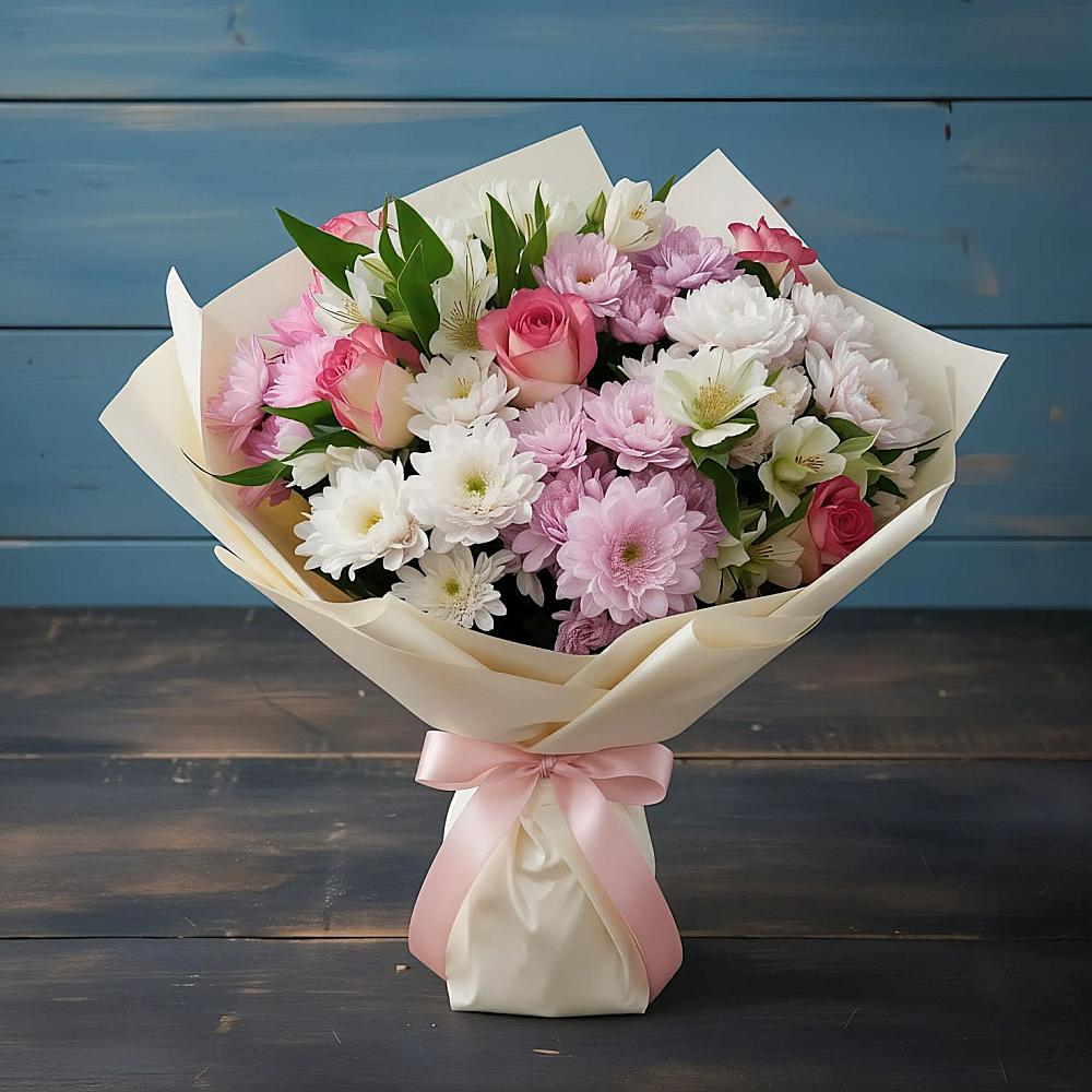 Букет цветов из: Хризантемы, Альстромерии и Розы в Толмачёво Новосибирская область